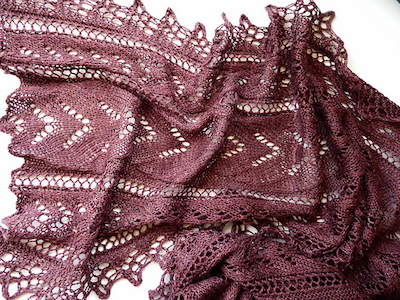 “Bromeliad” lace shawl in burgundy